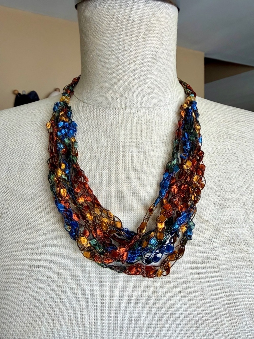 Handmade Multi-Strand Trellis Ladder Ribbon Yarn Necklace